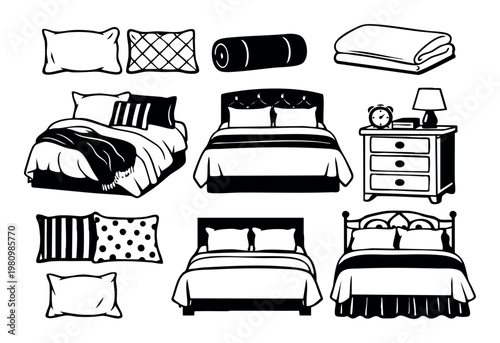 Bedroom accessories collection showing various beds, pillows, blankets, and nightstand with lamp for sleep and relaxation
