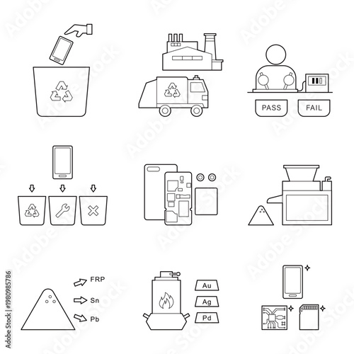 E-Waste Recycling and Electronic Scrap Processing Line Icon Set