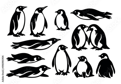 Black and white penguin silhouettes displaying different actions and interactions. Arctic animals with playful expressions