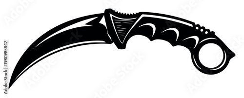 Karambit knife illustration featuring a curved blade, ergonomic handle, and finger ring, depicting a tactical weapon
