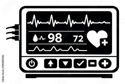 Patient monitor screen displaying vital signs including heart rate, blood oxygen levels, and a continuous electrocardiogram wave