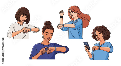 Diverse women interacting with wearable smartwatches and fitness trackers