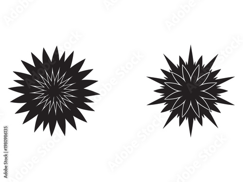 Blackandwhite starburst shapes with sharp points and white lines on white background  geometric designs
