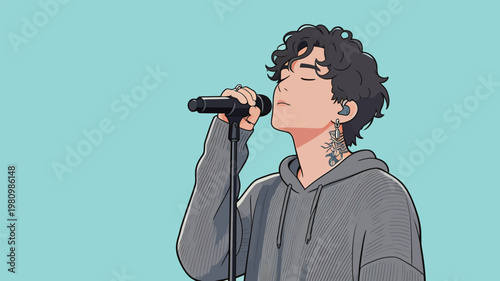 Illustration of a Curly-Haired Man Singing with Mic