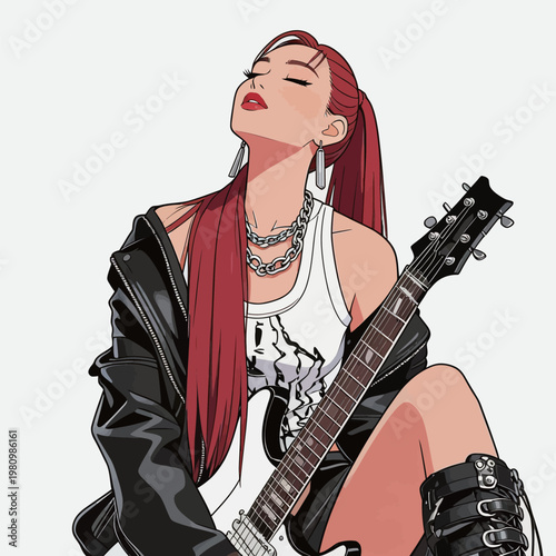 Stylish Red-Haired Woman with Electric Guitar