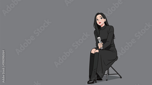 Illustrated Woman in Black Dress Holding Microphone