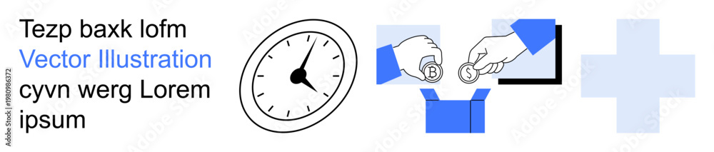 Obraz premium Time management, healthcare services, charity, donation, volunteer work, social responsibility. Clock, hands giving coins and medical cross. Time management and healthcare concepts illustrated
