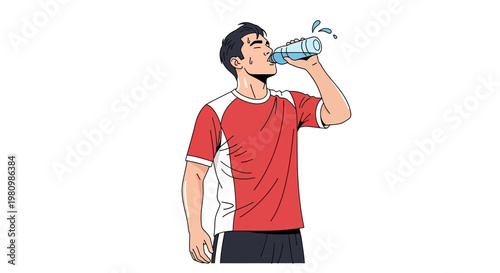 Man in red shirt drinking water from bottle after sports, isolated on white background