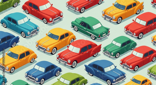 Collection of vintage toy cars in various bright colors.