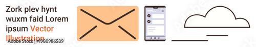 Email marketing, cloud storage, mobile technology, digital communication, notification design, online technology. Envelope, smartphone and cloud symbol. Email marketing and cloud storage concept