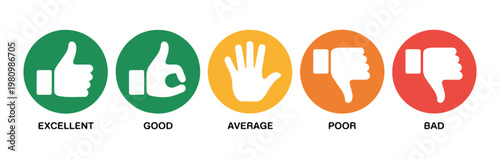 Customer satisfaction feedback scale from excellent to bad vector with thumbs up, hand gesture, and thumbs down.