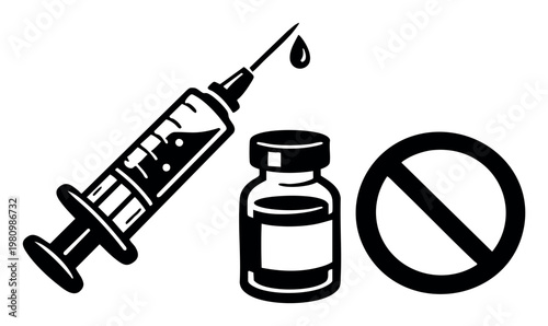 Syringe with a drop, medicine vial, and a crossed-out circle indicating no drugs, ban on addiction, or restricted medical use