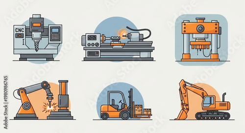 Set of industrial machinery and construction equipment icons.