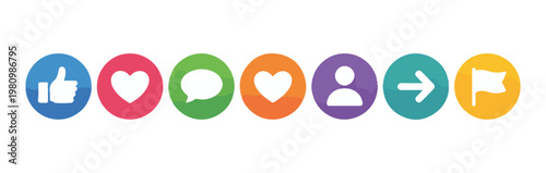Social media reaction icons like, heart, comment, share, person, and flag vector.