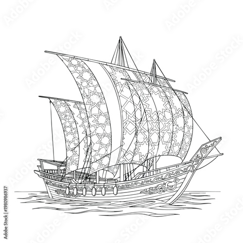Detailed Illustration of a Classic Sailing Ship with Tall Masts and Billowing Sails