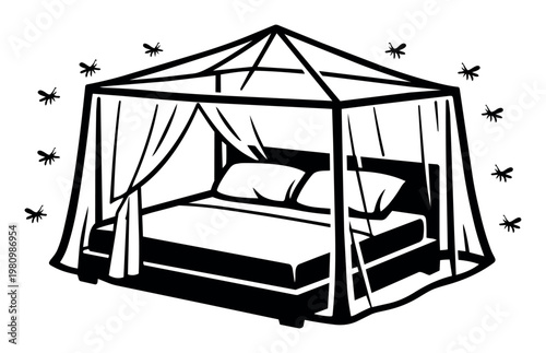 Canopy bed with a protective mosquito net, preventing mosquitos and other insects from disturbing sleep or transmitting diseases