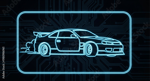 Neon outline of a sports car on a circuit board background.