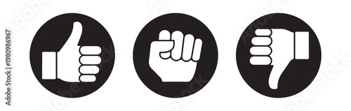 Set of social media icons like thumb up fist and thumb down buttons in black on transparent background.