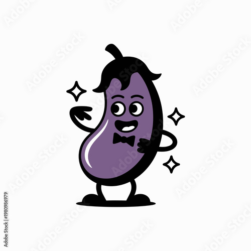 Smiling Purple Eggplant Character Wearing Bowtie on White Background