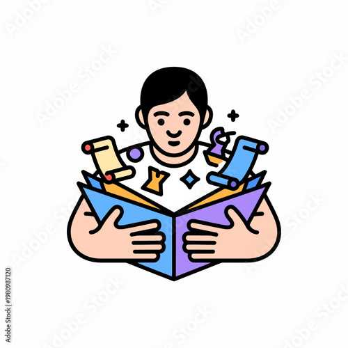 Smiling Man Reading Book with Colorful Objects Emerging