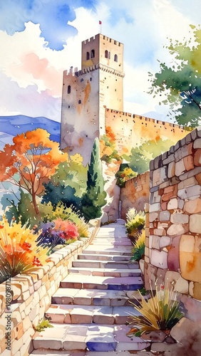 Watercolor vista shows a stone tower and stepped path on a sunny, colorful day