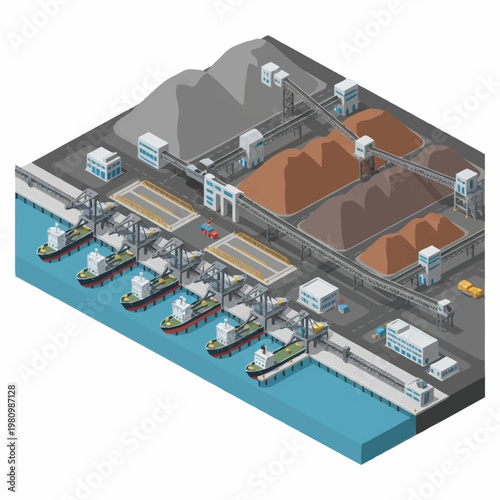 Industrial port with cargo ships and bulk material storage.