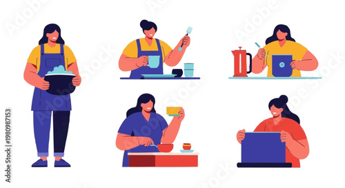Lifestyle and daily routine illustrations of women engaging in various activities such as cooking, preparing beverages, and working on laptops