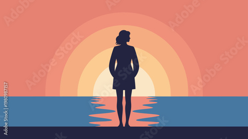 A woman stands alone on a dock watching a vibrant sunset over calm waters.