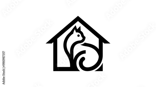 Black and White Line Art Logo of a Cat Inside a House Silhouette for Pet Care