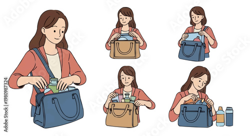 A woman carefully organizing and packing her personal belongings, cosmetics, and toiletries into a stylish handbag, demonstrating efficient preparation for travel or daily activities