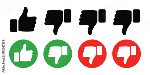 Collection of black and red like and dislike vector icons with thumbs up and thumbs down gestures.