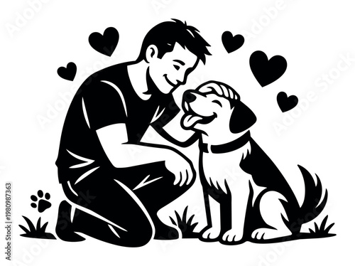 Person showing affection to a happy dog while hearts float around them. Representing the bond between human and pet