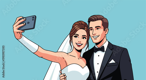 Happy bride and groom in wedding attire taking a selfie against a blue backdrop