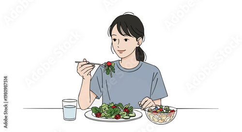 Young woman enjoying a fresh green salad with a glass of water, depicting healthy eating habits and a balanced lifestyle in a clean, minimalist illustration