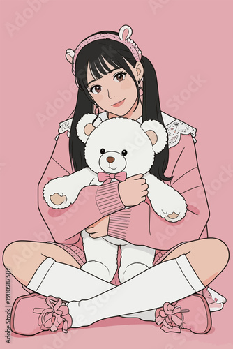 Cute Girl Holding White Teddy Bear