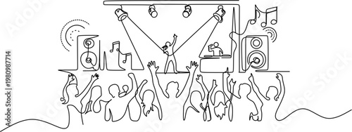 Continuous one line drawing of a live music concert with singer, DJ, and cheering crowd, minimalist vector illustration of stage performance with spotlights and audience.