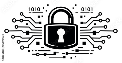 Digital padlock icon securing data with circuit lines and binary code, symbolizing cybersecurity, privacy, and online protection