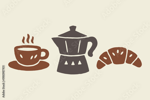 Coffee cup moka pot and croissant naive vector illustration