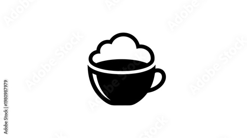 Black and White Icon of a Coffee Cup with Foam, Food and Beverage, Minimalist Glyph Art