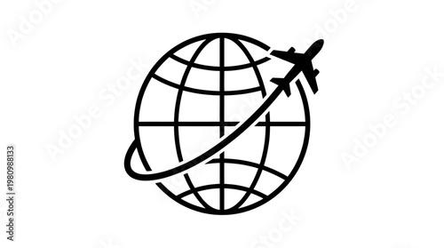 Black and White Line Art Icon of an Airplane Flying Around the Globe, Travel Concept