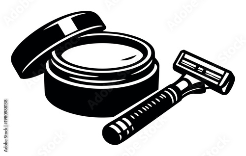 Jar of shaving cream with its lid off sits beside a sleek safety razor, showcasing a daily grooming ritual