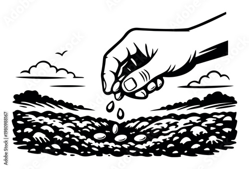 Hand dropping individual seeds into rich, fertile soil, symbolizing agriculture, gardening, organic farming, and sustainable cultivation
