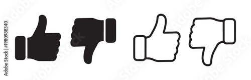 Set of thumbs up and down icons solid and outline on transparent background vector.