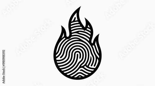 Fire fingerprint in black and white line art style, representing identity and danger