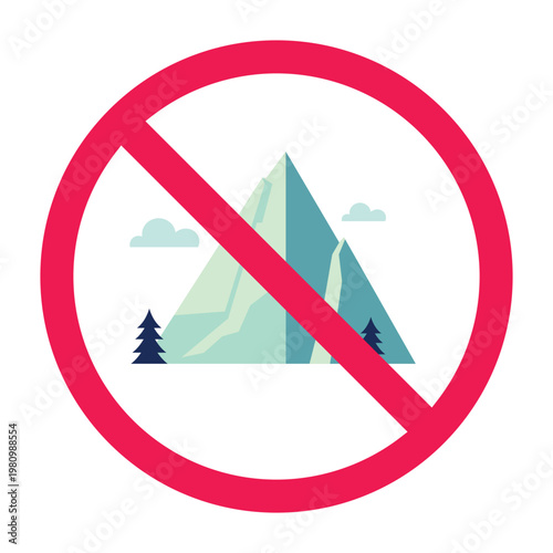 Forbidden sign with ice mountain icon, cold environment warning sign, extreme cold conditions symbol, freezing temperature warning icon, do not climb ice mountain, restricted icy area