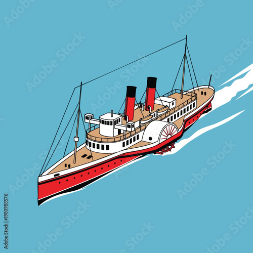 Vintage Passenger Ship Sailing on Open Water with Clear Blue Sky