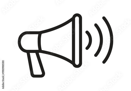 Simple black and white line drawing of a megaphone with sound waves