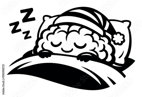 Brain icon peacefully sleeping, dreaming, and recharging on a pillow, symbolizing good sleep, recovery, and healthcare