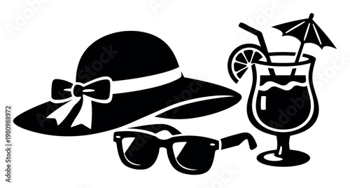 Vacation essentials including a wide-brimmed hat, stylish sunglasses, and a garnished tropical drink for summer getaway and leisure