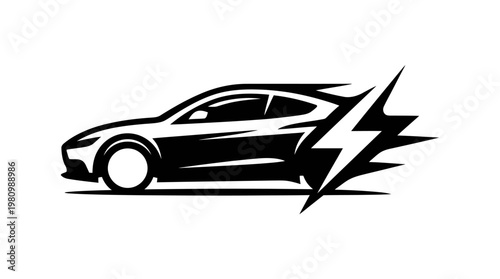 Black  White Car Silhouette with Lightning Bolt - Automotive Speed and Energy Icon